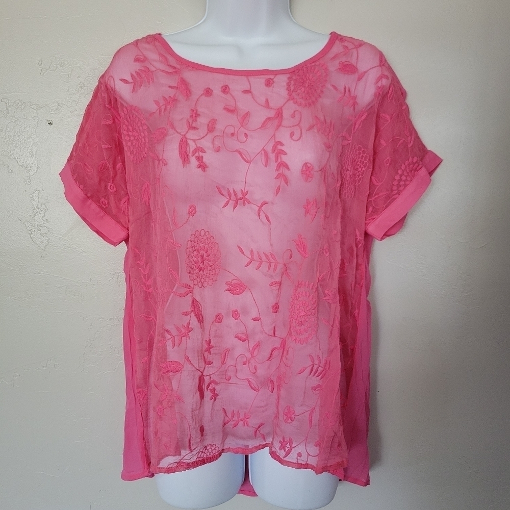 Sundance Women's PS Petite Small 100% Silk Pink Short Sleeve Blouse Embroidered